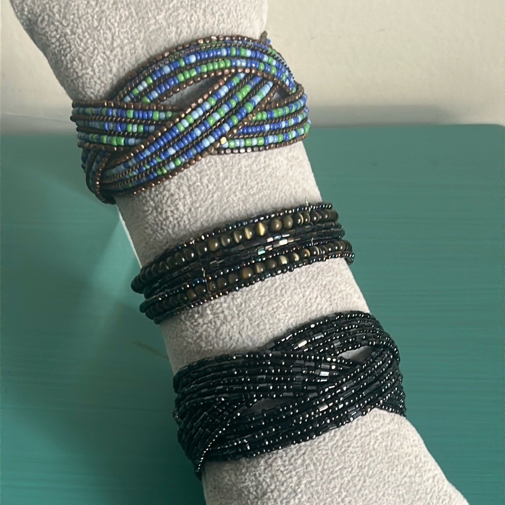 Set 3 Adjustable Wire Cuff Multicolored Glass Hem… - image 8